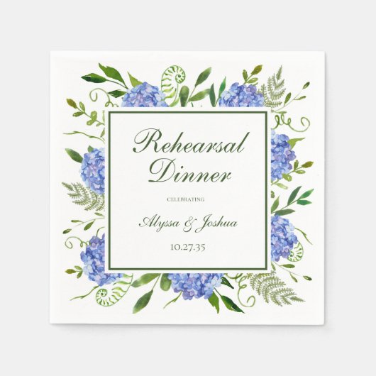 Blauwe Hortensia Script Proefbruiloftsdiner Servet (Voorkant)