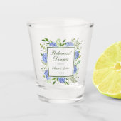 Blauwe Hortensia Script Proefbruiloftsdiner Shot Glas (Voorkant)