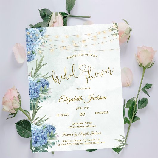 Blauwe Hortensia Slingerlichten Bruidsshower Kaart