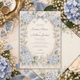 Blauwe Hortensia Stofblauw Vintage Bruiloft Kaart