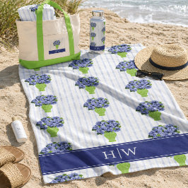 Blauwe Hortensia Streep Monogram Kust Patroon Strandlaken