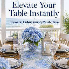 Blauwe Hortensia Tafel Runner | Elegante Bloemen Korte Tafelloper