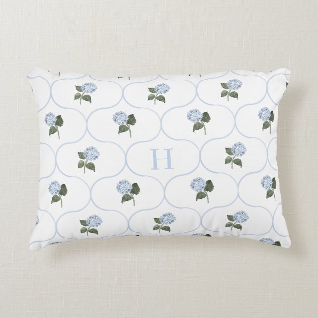 Blauwe Hortensia Traliewerk Monogram   Accent Kussen (Voorkant)