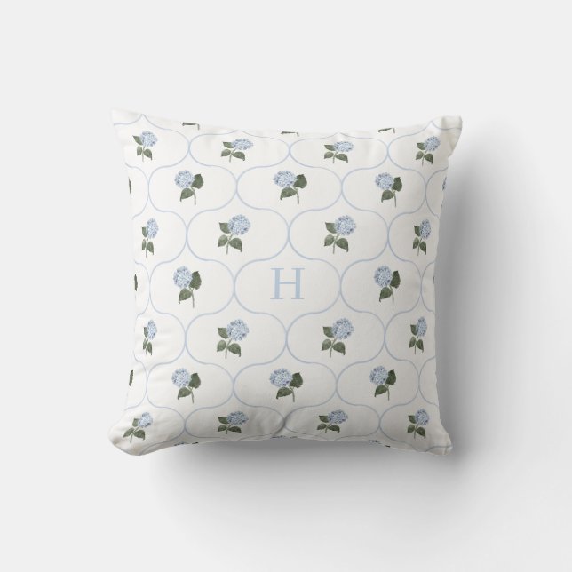 Blauwe Hortensia Traliewerk Monogram   Kussen (Voorkant)