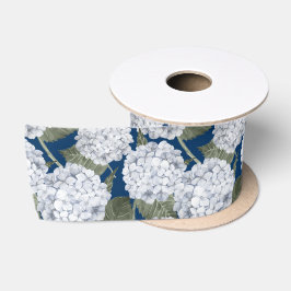 Blauwe Hortensia Tuin Bloemen op Marineblauw Satijnen Lint