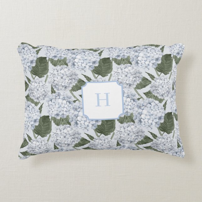 Blauwe Hortensia Tuin Monogram   Accent Kussen (Voorkant)