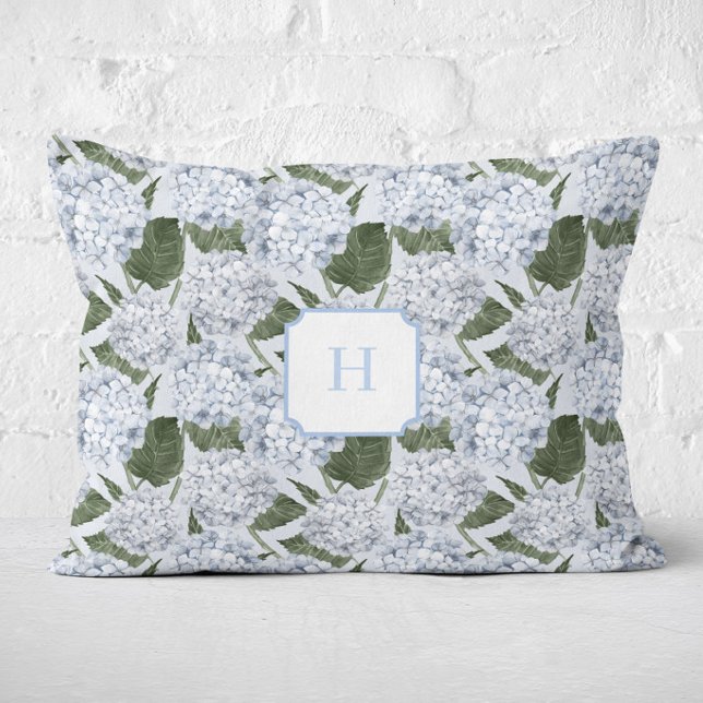 Blauwe Hortensia Tuin Monogram   Accent Kussen (Hydrangea Garden Blue Monogram Lumbar Pillow)