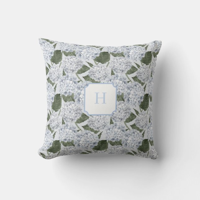 Blauwe Hortensia Tuin Monogram   Kussen (Voorkant)