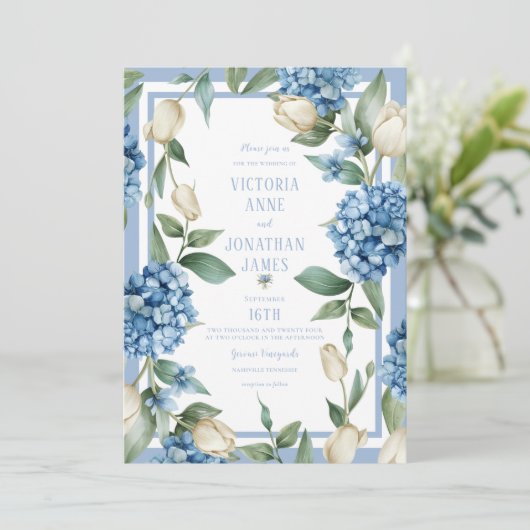 Blauwe hortensia & tulpenbruiloft kaart (Staand voorkant)
