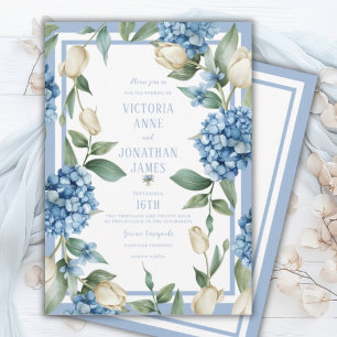 Blauwe hortensia & tulpenbruiloft kaart