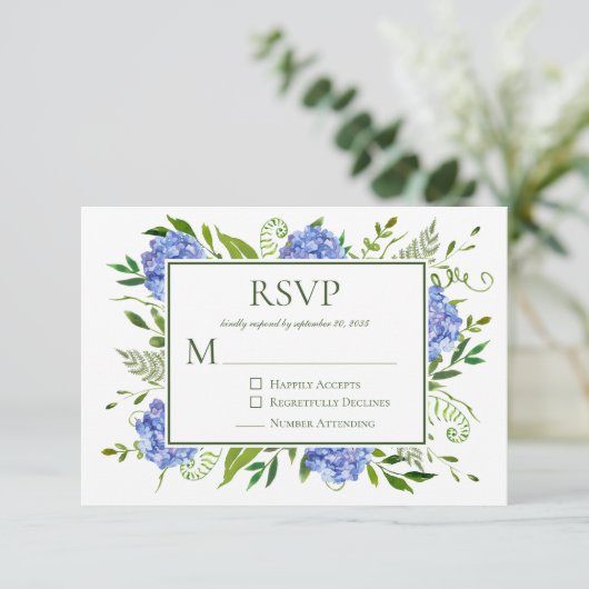 Blauwe Hortensia Verlovingsfeest RSVP Kaartje (Staand voorkant)