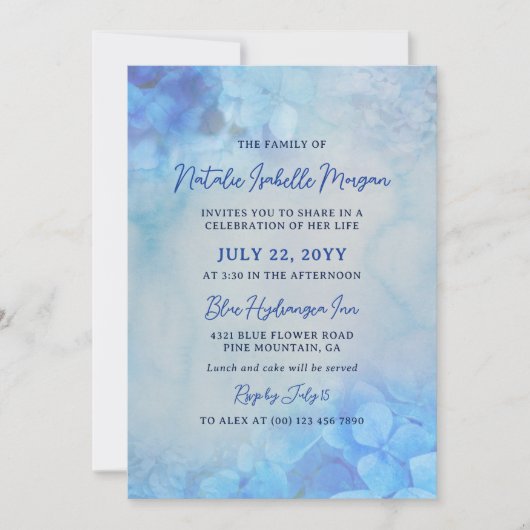 Blauwe hortensia viering van het leven kaart (Voorkant)