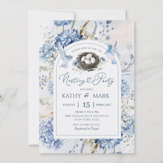Blauwe Hortensia Vogel Nest Feest Kaart (Voorkant)
