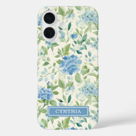 Blauwe Hortensia Watercolor Monogram iPhone 16 Hoesje