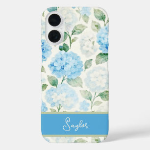 Blauwe Hortensia Watercolor Naam iPhone 16 Hoesje