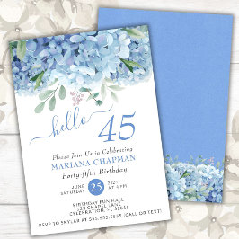 Blauwe Hortensia Waterverf Bloemen 45e Verjaardag Kaart