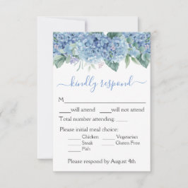 Blauwe Hortensia Waterverf Bloemige Bruiloft RSVP Kaartje