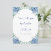 Blauwe Hortensia Waterverf Bloemschrift Save The Date (Staand voorkant)