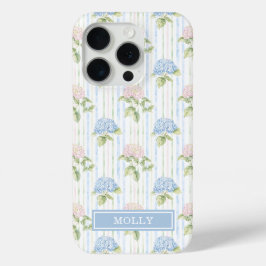 Blauwe Hortensia Waterverf Gestreept Gepersonalise iPhone 15 Pro Case
