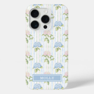 Blauwe Hortensia Waterverf Gestreept Gepersonalise iPhone 15 Pro Case