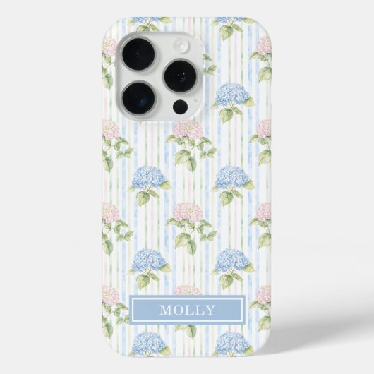 Blauwe Hortensia Waterverf Gestreept Gepersonalise Case-Mate iPhone Case (Achterkant)