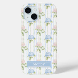 Blauwe Hortensia Waterverf Gestreept Gepersonalise iPhone 15 Case
