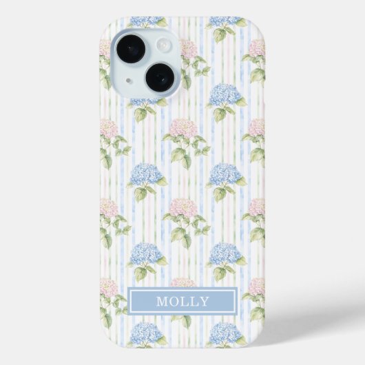 Blauwe Hortensia Waterverf Gestreept Gepersonalise Case-Mate iPhone Case (Achterkant)