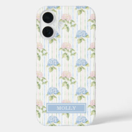Blauwe Hortensia Waterverf Gestreept Gepersonalise iPhone 16 Hoesje