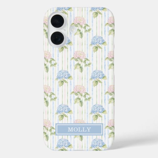 Blauwe Hortensia Waterverf Gestreept Gepersonalise Case-Mate iPhone Case (Achterkant)