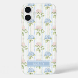 Blauwe Hortensia Waterverf Gestreepte Gepersonalis iPhone 16 Plus Hoesje