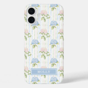 Blauwe Hortensia Waterverf Gestreepte Gepersonalis iPhone 16 Plus Hoesje