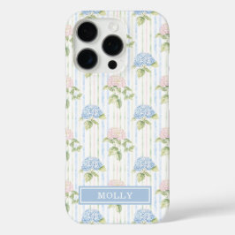 Blauwe Hortensia Waterverf Gestreepte Gepersonalis iPhone 16 Pro Hoesje