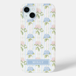 Blauwe Hortensia Waterverf Gestreepte Gepersonalis iPhone 15 Mini Hoesje