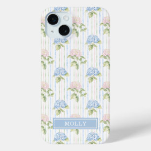 Blauwe Hortensia Waterverf Gestreepte Gepersonalis iPhone 15 Mini Hoesje