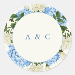 Blauwe Hortensia Witte Roos Klassiek Monogram Brui Ronde Sticker