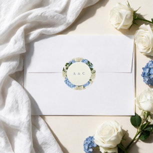 Blauwe Hortensia Witte Roos Klassiek Monogram Huwe Ronde Sticker