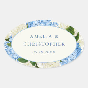 Blauwe Hortensia Witte Roos Klassieke Trouw Ovale Sticker