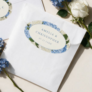 Blauwe Hortensia Witte Roos Klassieke Trouw Ovale Sticker