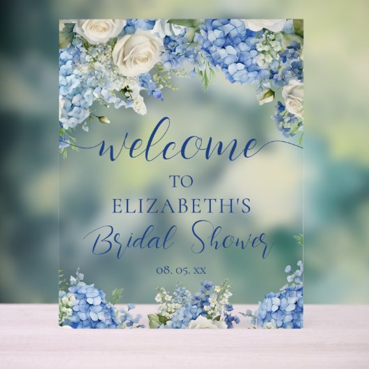 Blauwe Hortensia Witte Rozen Bloemenscript Welkom Acryl Bord (Neutraal)