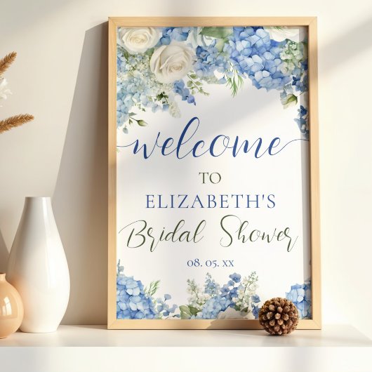 Blauwe Hortensia Witte Rozen Bloemenscript Welkom Poster