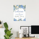 Blauwe Hortensia Witte Rozen Bloemenscript Welkom Poster (Thuiskantoor)