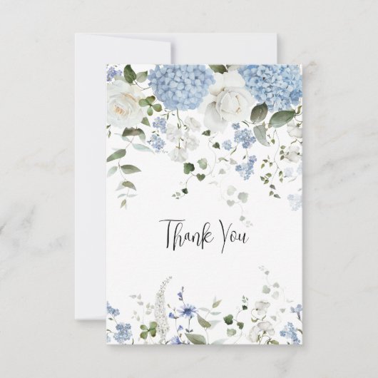 Blauwe hortensia witte rozen bruiloft dank u bedankkaart (Voorkant)