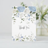 Blauwe hortensia witte rozen bruiloft dank u bedankkaart (Staand voorkant)