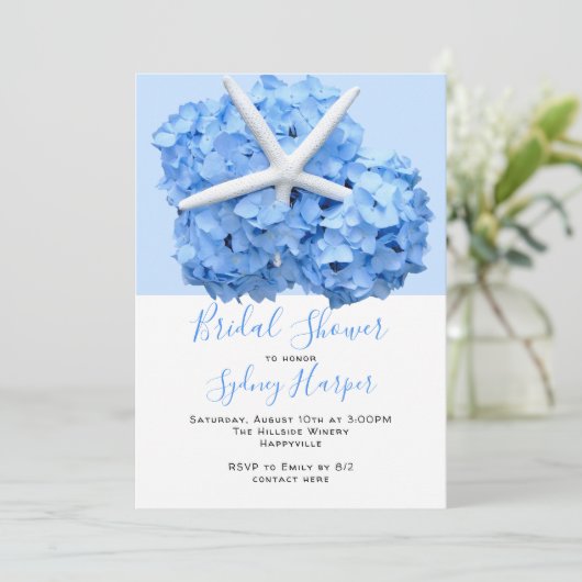 Blauwe Hortensia Zee Tuin Bruids Bruiloft Uitnodig Kaart (Staand voorkant)