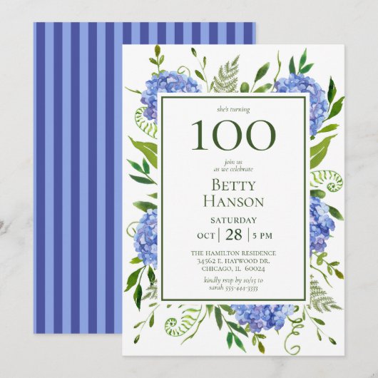 Blauwe Hortensia's 100e Verjaardag Kaart (Voorkant / Achterkant)