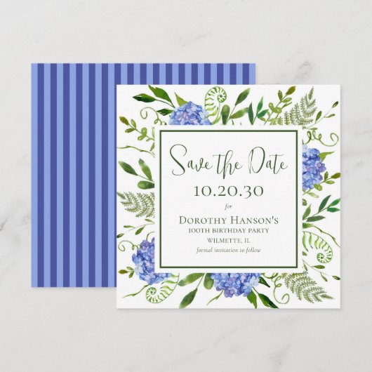 Blauwe Hortensia's 100e Verjaardag Save The Date (Voorkant / Achterkant)