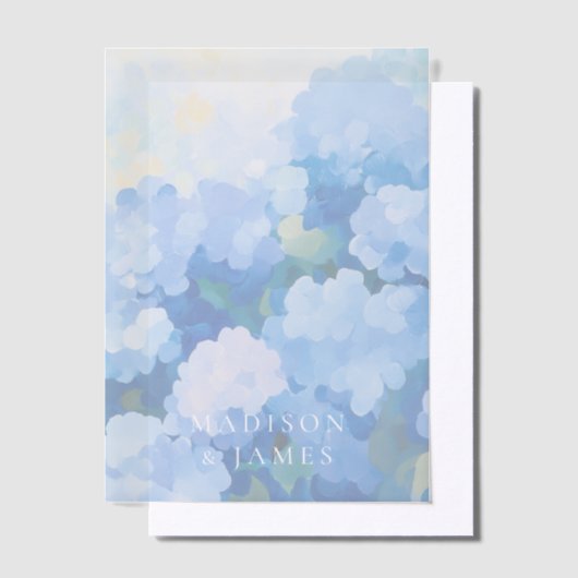 Blauwe hortensia's aangepaste namen bruiloft overl vellum uitnodigingen (Offset)