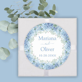 Blauwe Hortensia's Aquarel Bloem Bruiloft Ronde Sticker