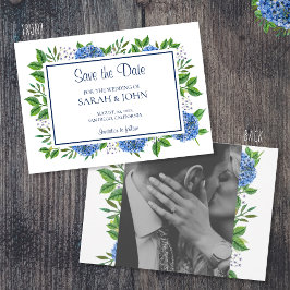 Blauwe Hortensia's Aquarel Foto Save the Date Kaart