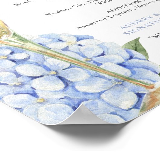 Blauwe hortensia's en gouden glazen bar Menu Poster (Hoek)